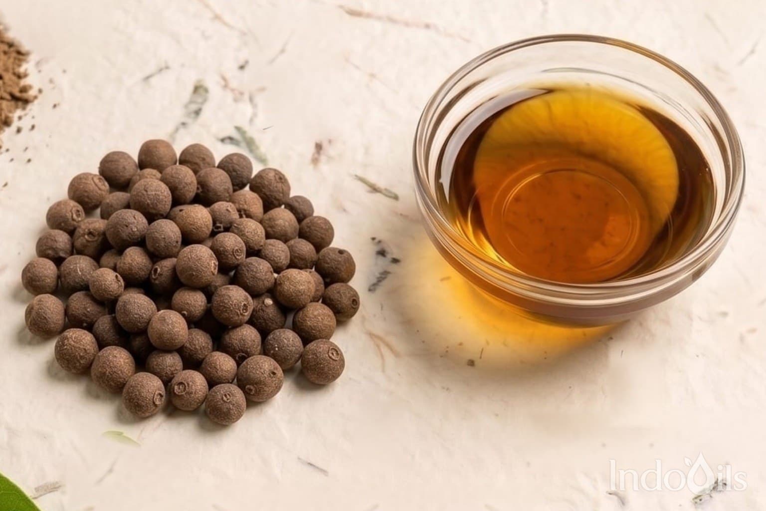 Bulk allspice oil: dried allspice (pimento) berries beside a glass bowl of allspice essential oil