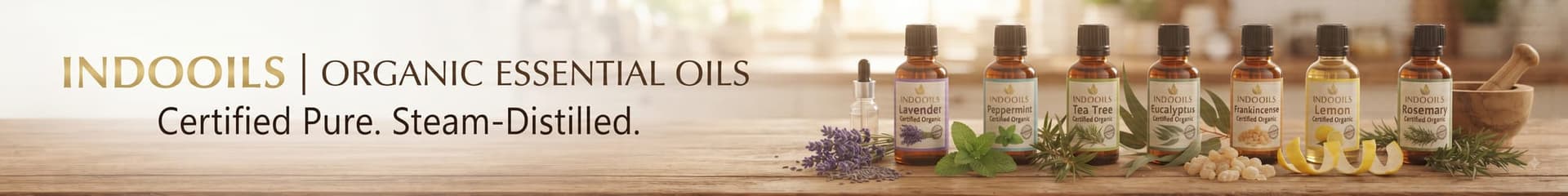 Wide-format product banner for 'INDOOILS' featuring a collection of seven certified organic essential oil bottles arranged on a rustic wooden table. The background is a softly blurred apothecary kitchen with shelves of jars and plants. On the left, the go