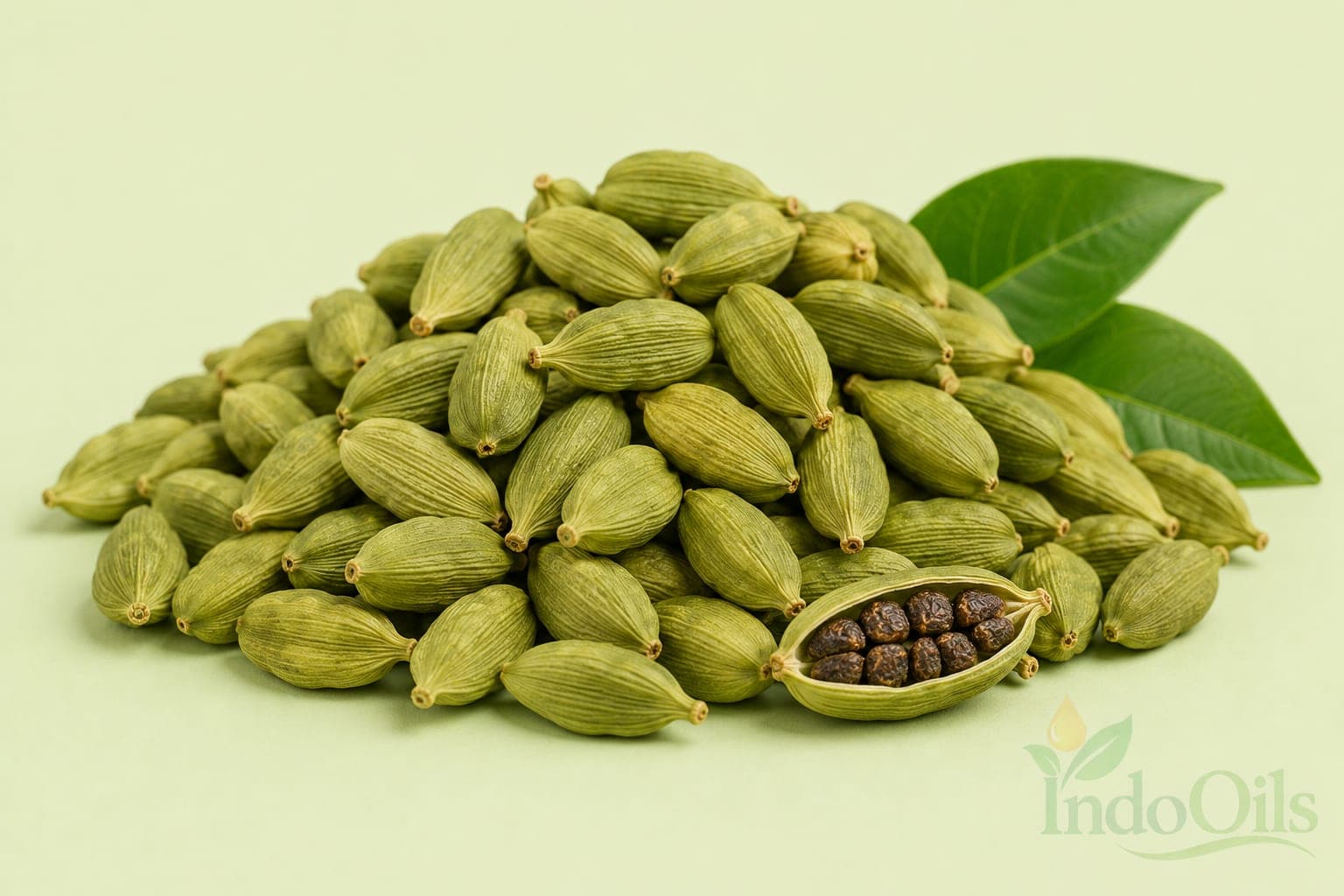 Whole green cardamom pods (Elettaria cardamomum) from India, one pod split open to show the seeds used for cardamom oil