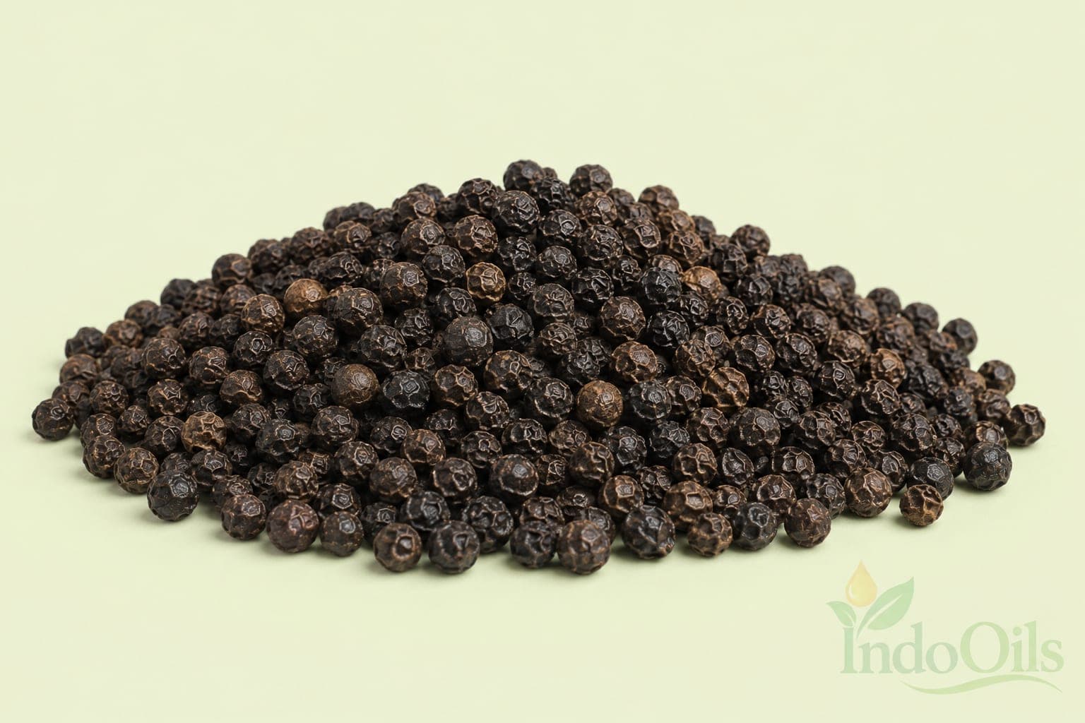 Bulk black pepper oil from India: a heap of whole dried black peppercorns (Piper nigrum), the raw material for black pepper essential oil