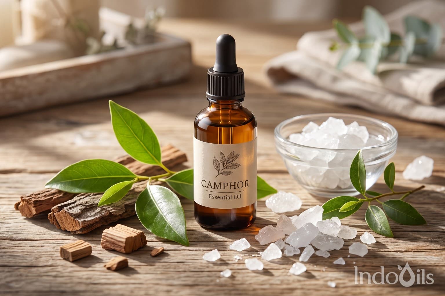 Bulk camphor oil from India: camphor essential oil with Cinnamomum camphora leaves, camphor wood and camphor crystals