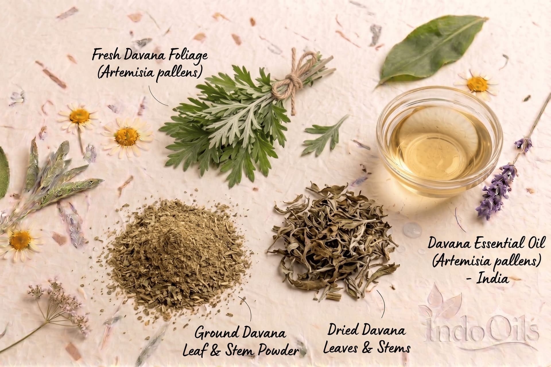 Davana essential oil (Artemisia pallens) with fresh and dried davana herb from India