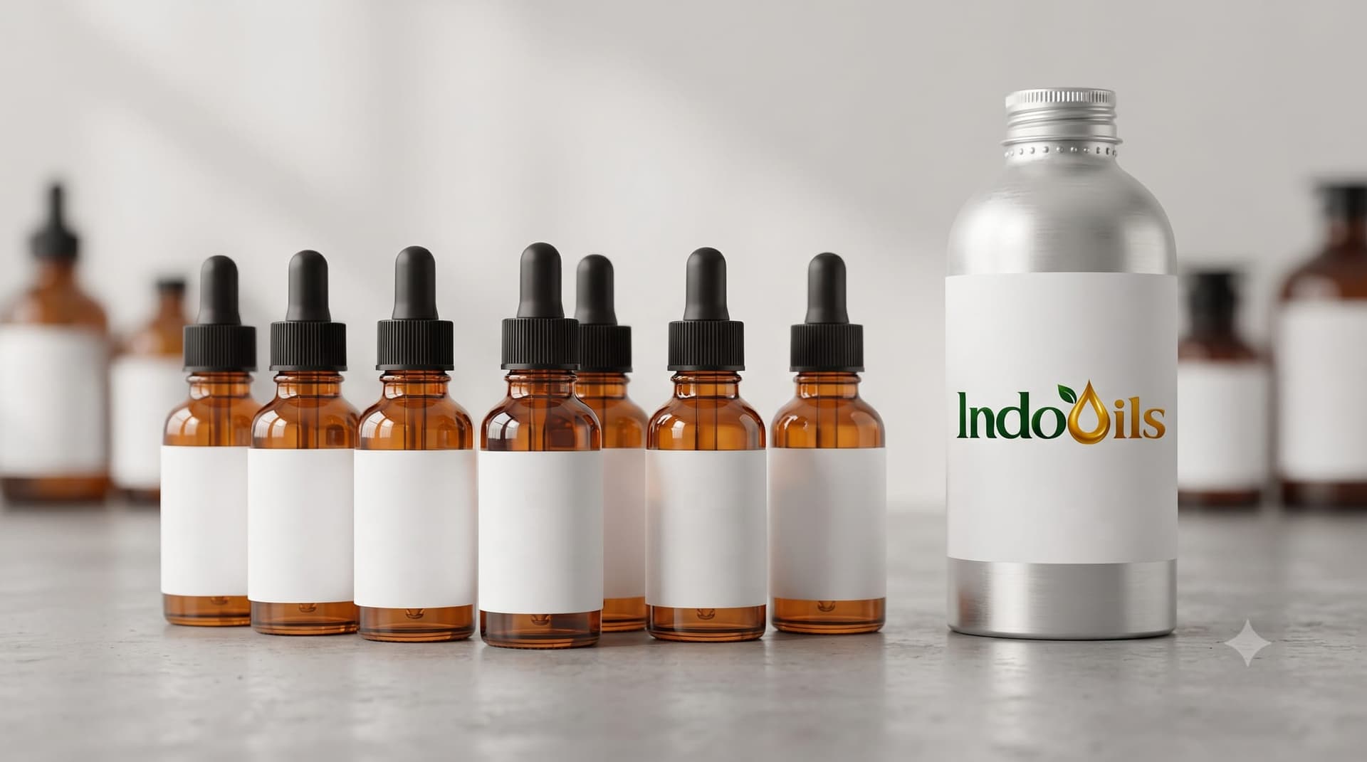 Amber glass essential oil bottles with blank labels ready for private label branding