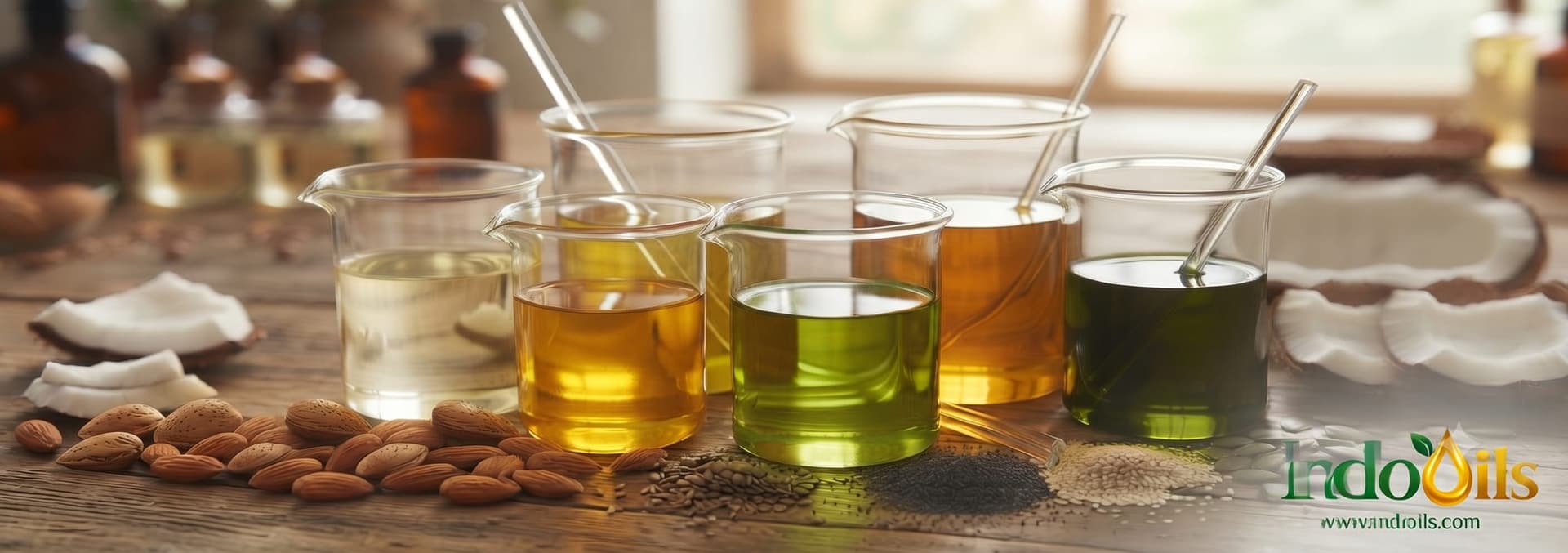 Beakers of golden and green carrier oils beside almonds, coconut and seeds