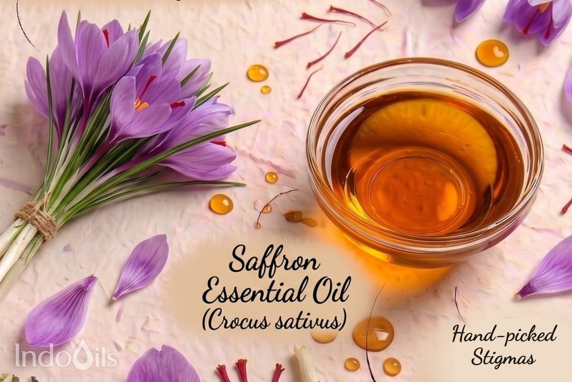A bunch of saffron crocus flowers (Crocus sativus) beside a bowl of golden saffron essential oil, with red saffron stigmas and oil droplets