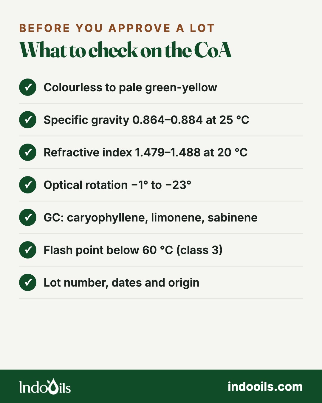 Black pepper oil CoA checks: appearance, specific gravity 0.864–0.884 at 25 °C, refractive index 1.479–1.488 at 20 °C, optical rotation −1° to −23°, GC profile, flash point below 60 °C, lot details