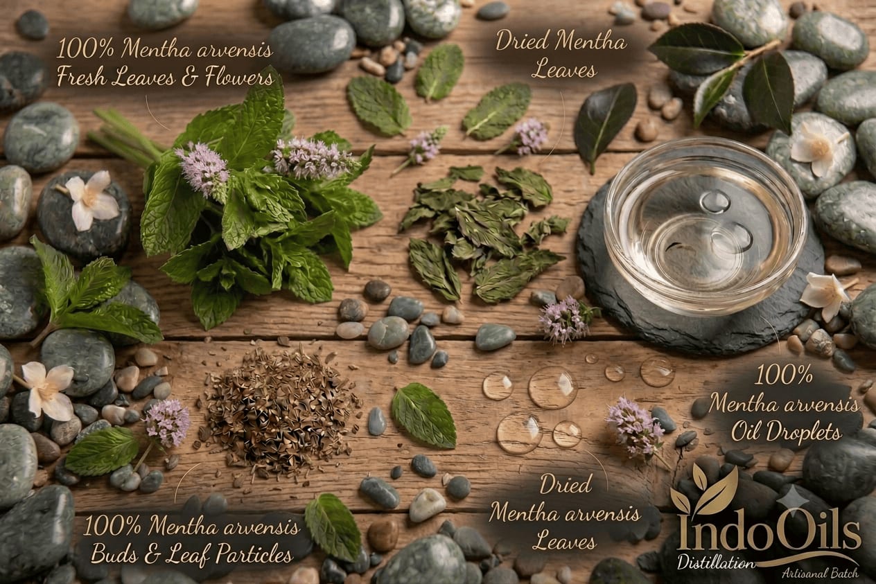 Mentha arvensis leaves, flowers and essential oil from India, the main natural source of menthol