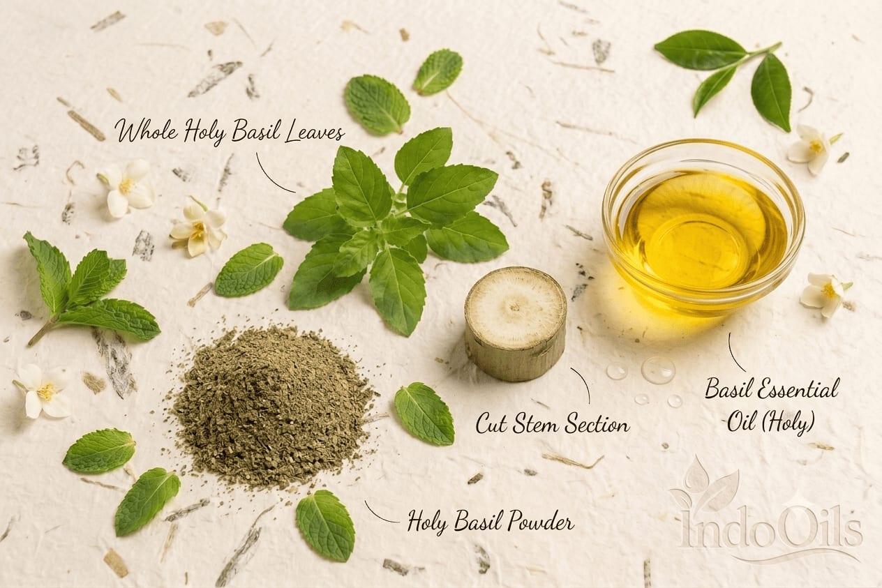 Holy basil tulsi essential oil from India — Ocimum sanctum, steam distilled, used in Ayurvedic and wellness formulations