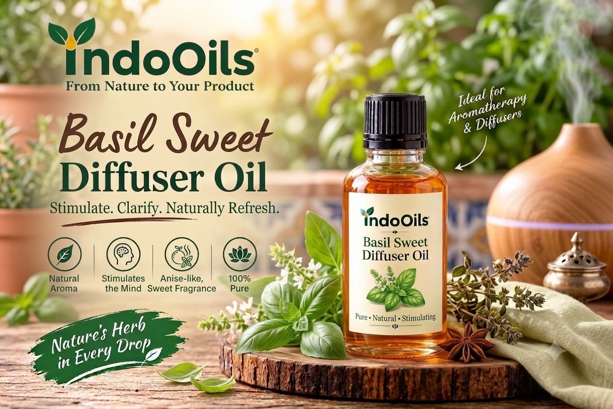 Basil sweet diffuser oil — pale yellow liquid, warm anise-like scent, formulated for ultrasonic and reed diffusers