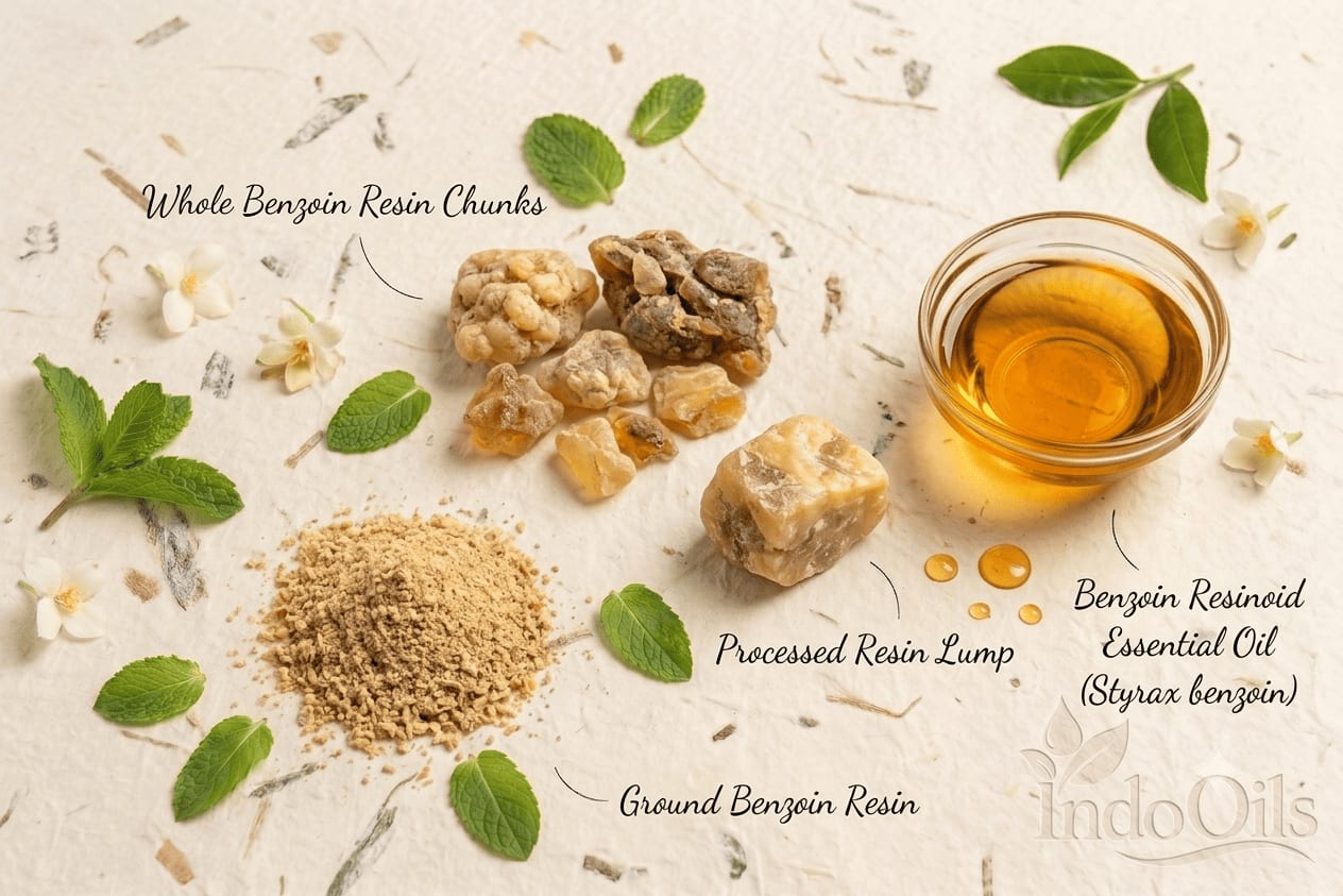 Benzoin resinoid (Styrax benzoin) with whole and ground benzoin resin: a warm, vanilla-like base that rounds out saffron and amber accords