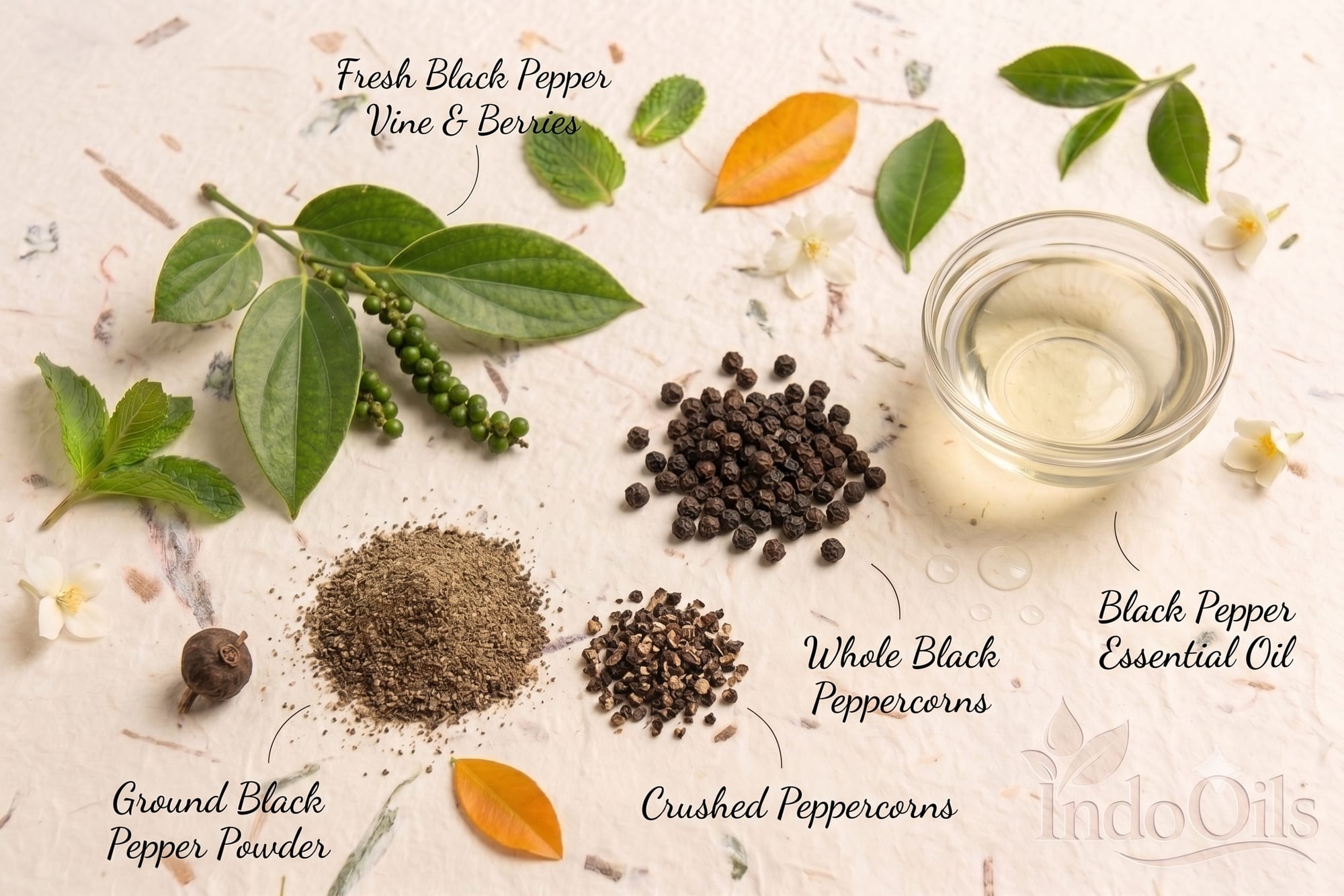 Black pepper vine, peppercorns and black pepper essential oil