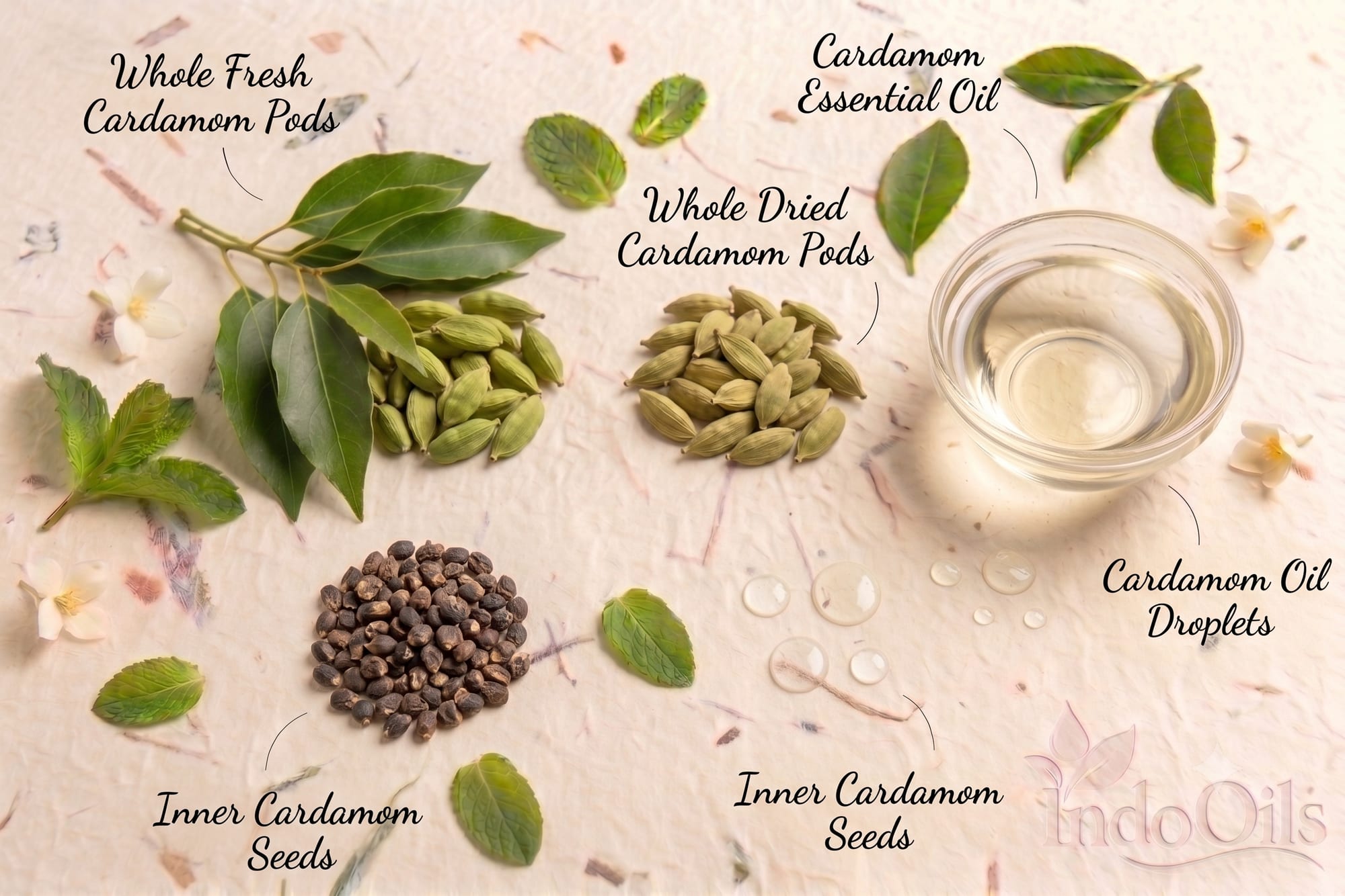 Cardamom pods, inner seeds and pale cardamom essential oil: the seeds are steam distilled to produce the oil