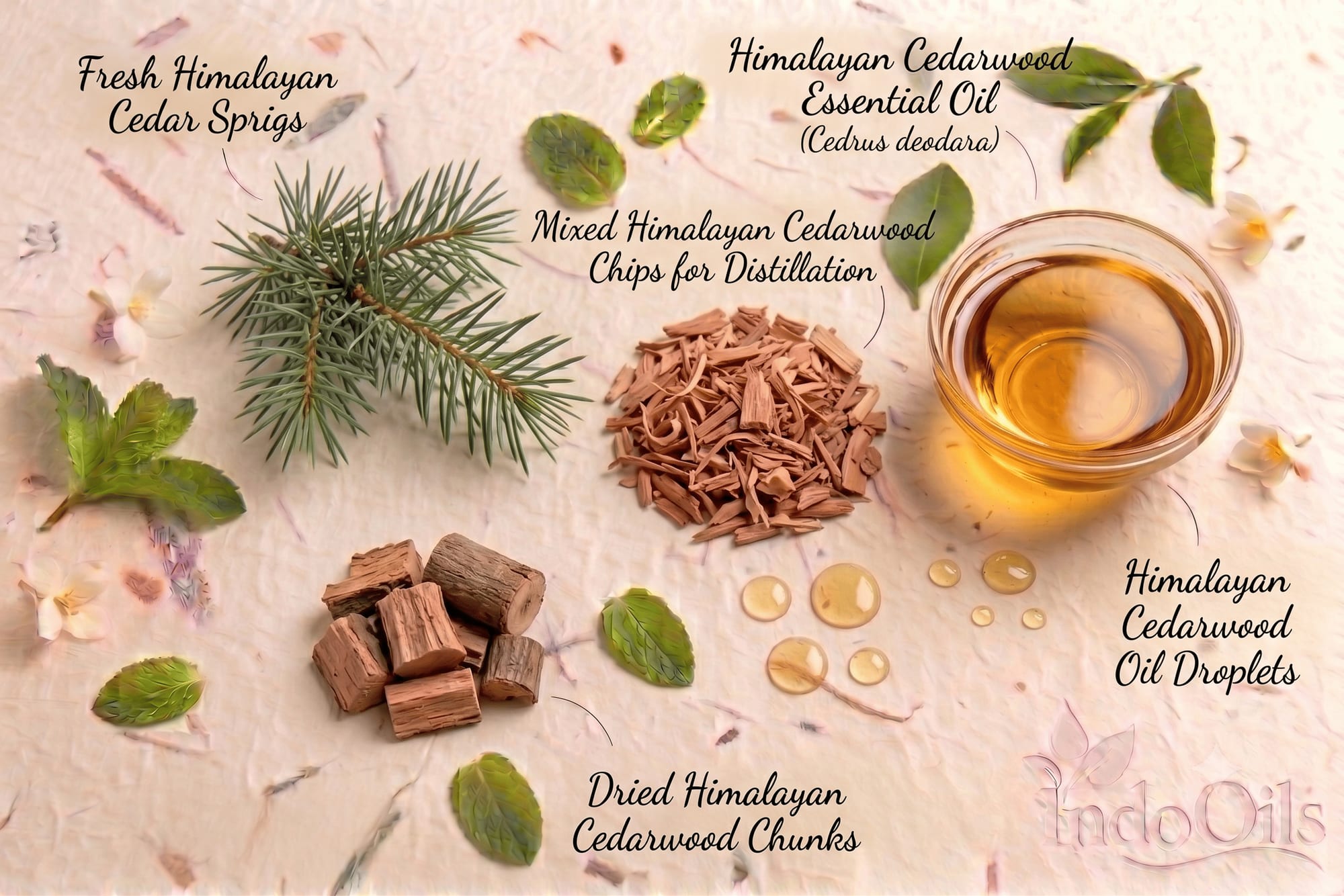 Himalayan cedarwood sprigs, wood chips and cedarwood essential oil