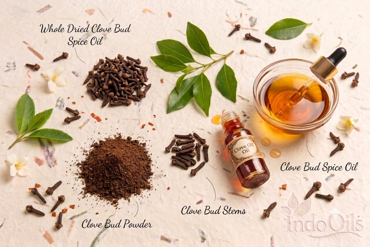 Clove bud spice oil with whole clove buds, clove stems and ground clove, a warm spice partner for cardamom