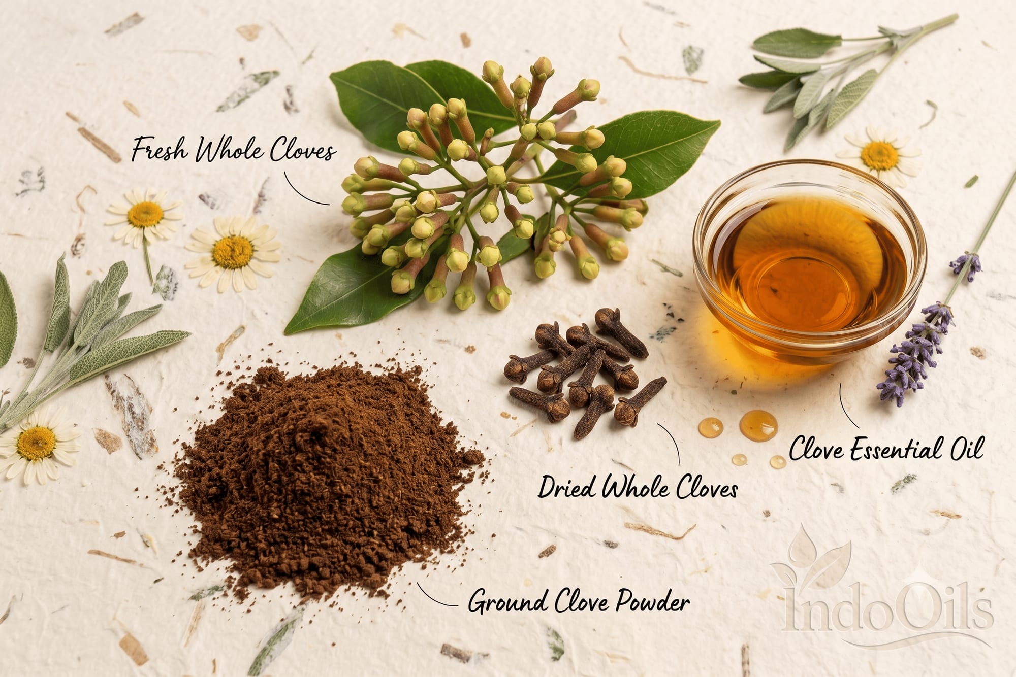 Clove essential oil with dried whole cloves, ground clove and fresh clove buds, a close relative of allspice in the myrtle family