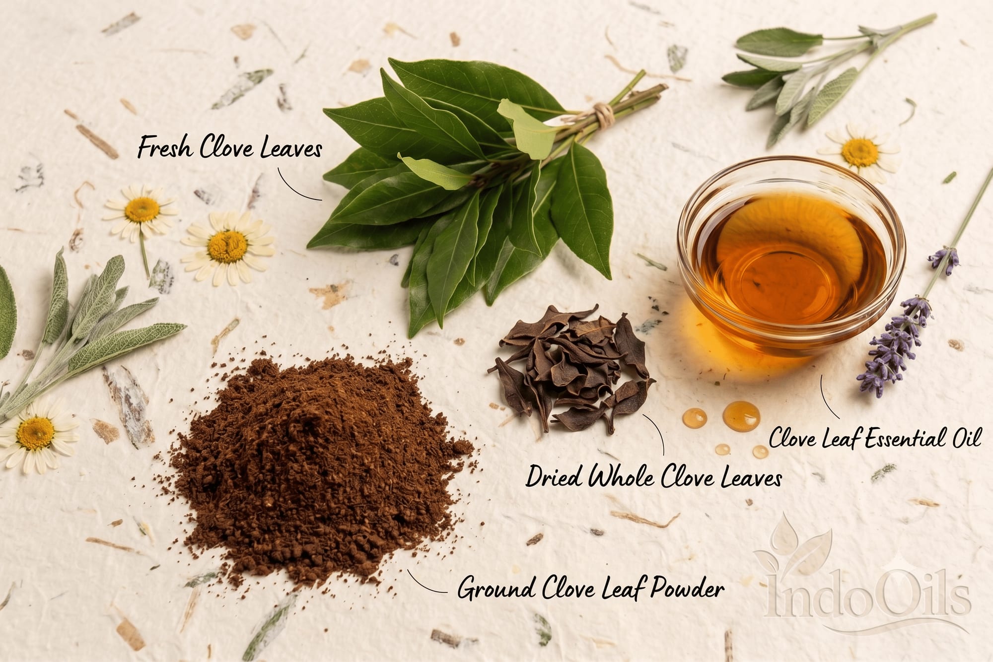 Clove leaves and clove leaf essential oil, which smells and tests differently from clove bud oil