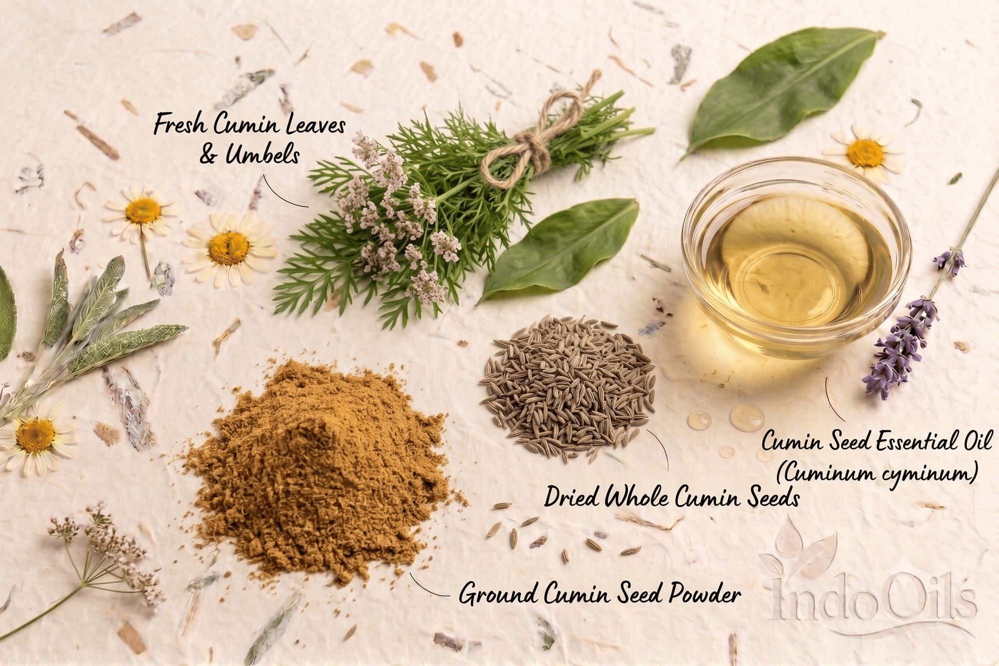 Cumin seed essential oil with whole cumin seeds, ground cumin and fresh cumin umbels, a close relative of ajwain in Indian spice blends