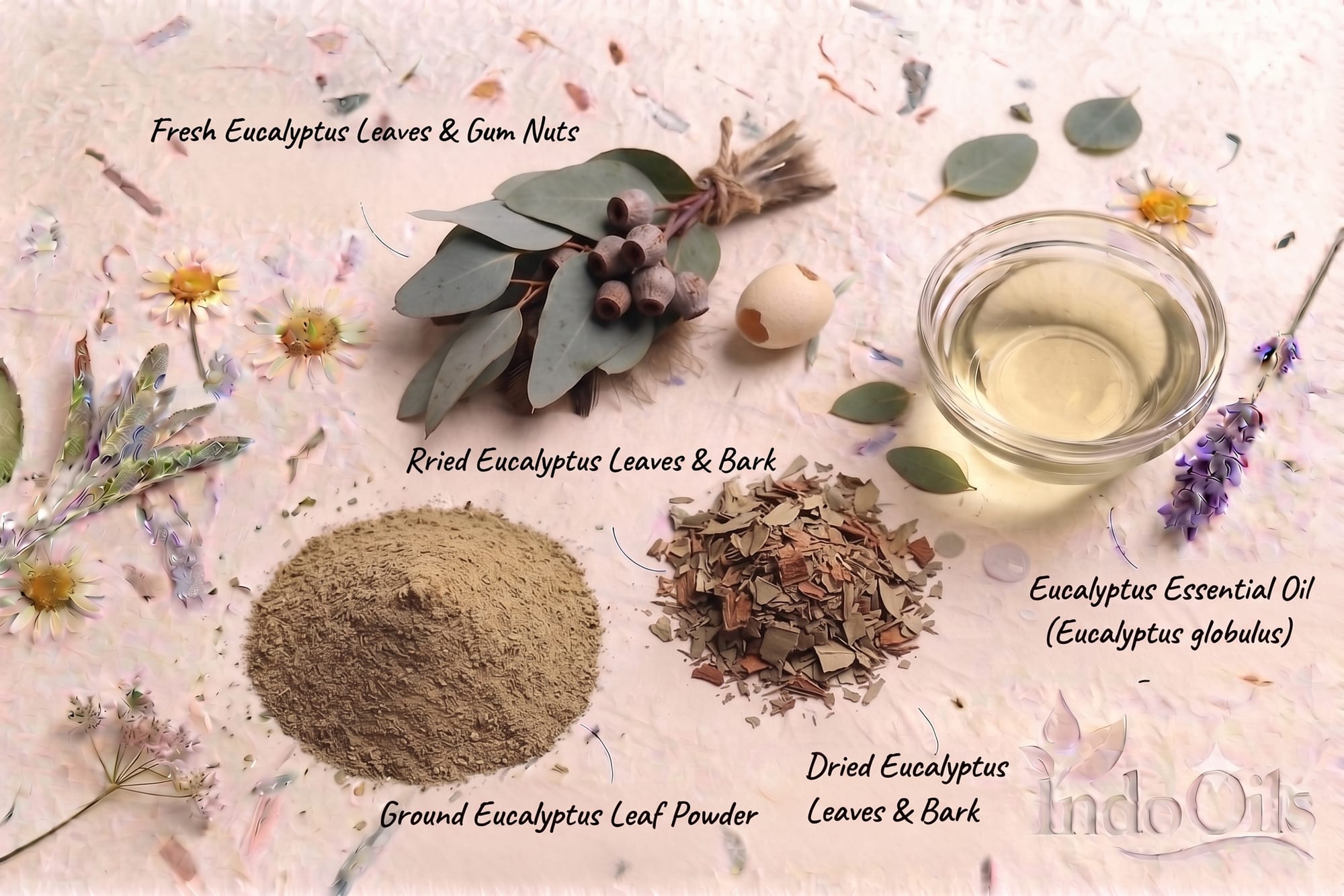 Eucalyptus leaves, gum nuts and Eucalyptus globulus essential oil for balms and soaps