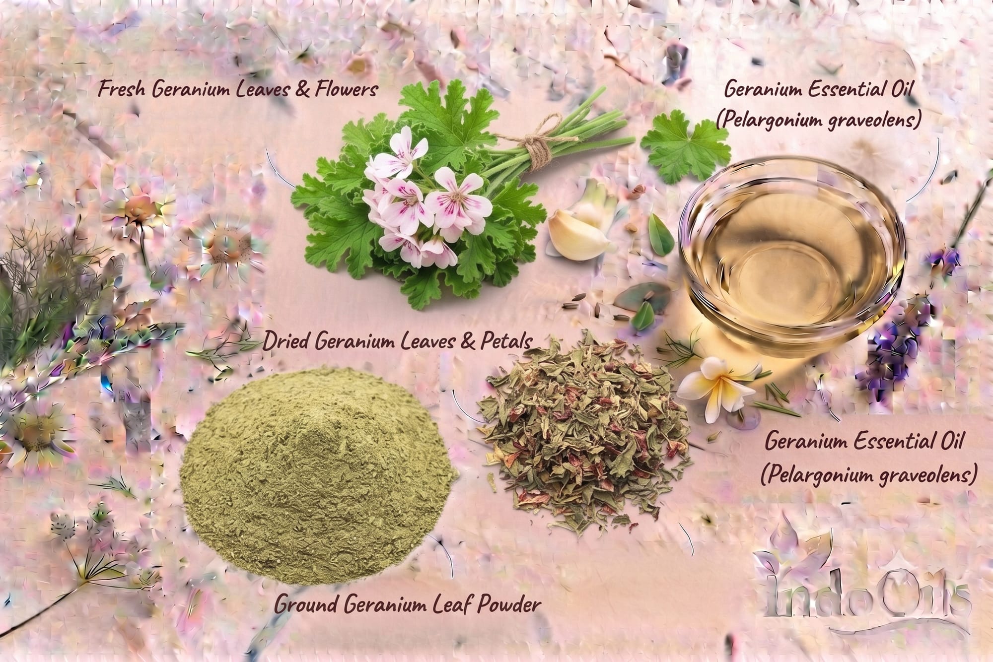 Geranium leaves, flowers and Pelargonium graveolens essential oil for skin care and fragrance