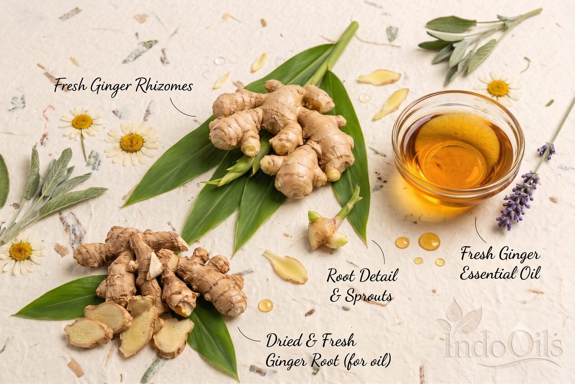 Fresh ginger rhizomes and ginger essential oil