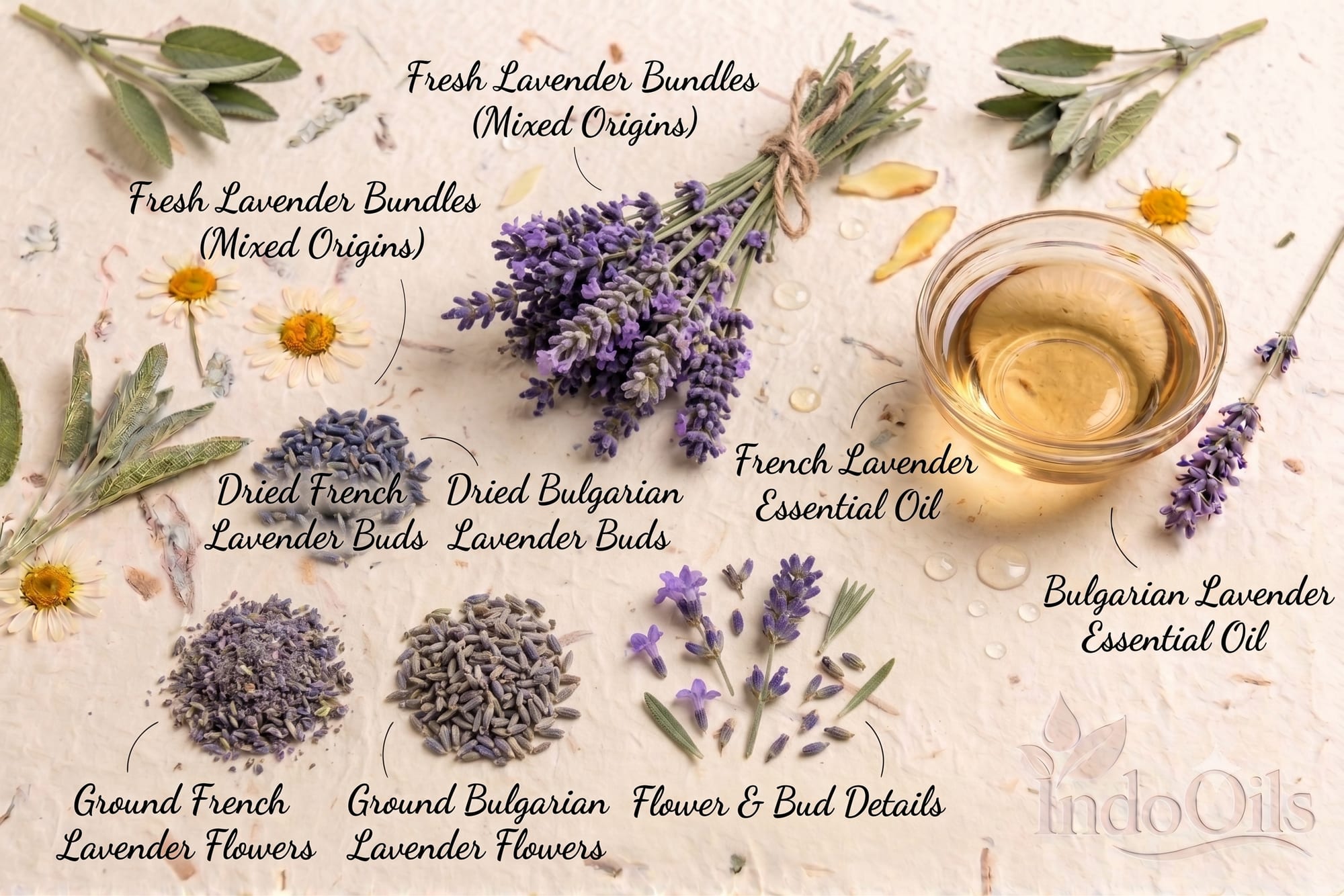 French and Bulgarian lavender flowers, buds and essential oils, which differ in aroma and cost