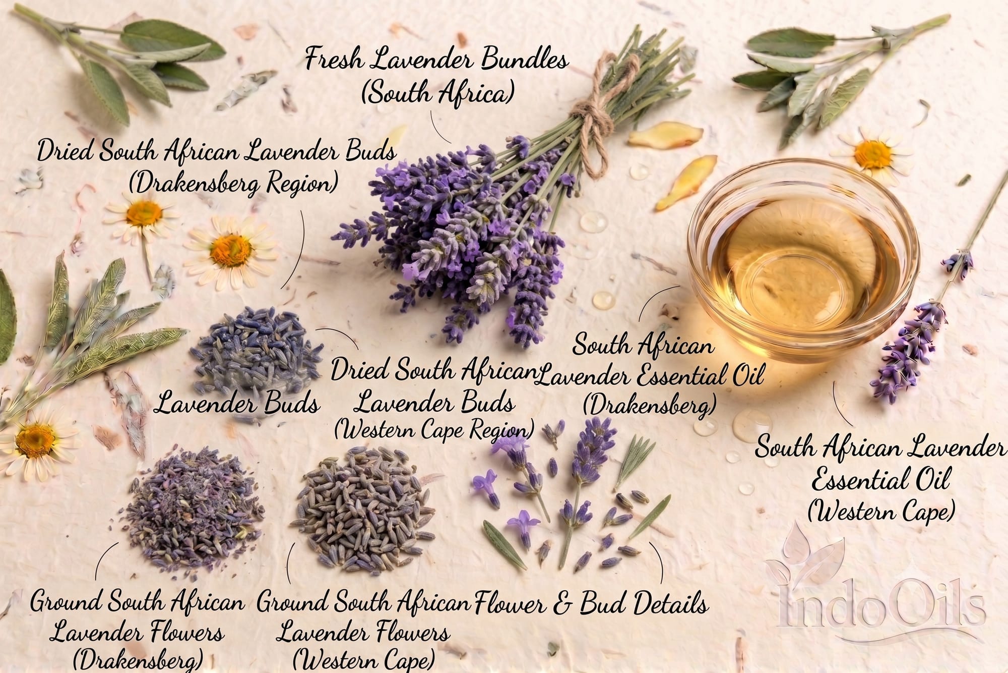 Lavender flowers, dried buds and lavender essential oil for cosmetics