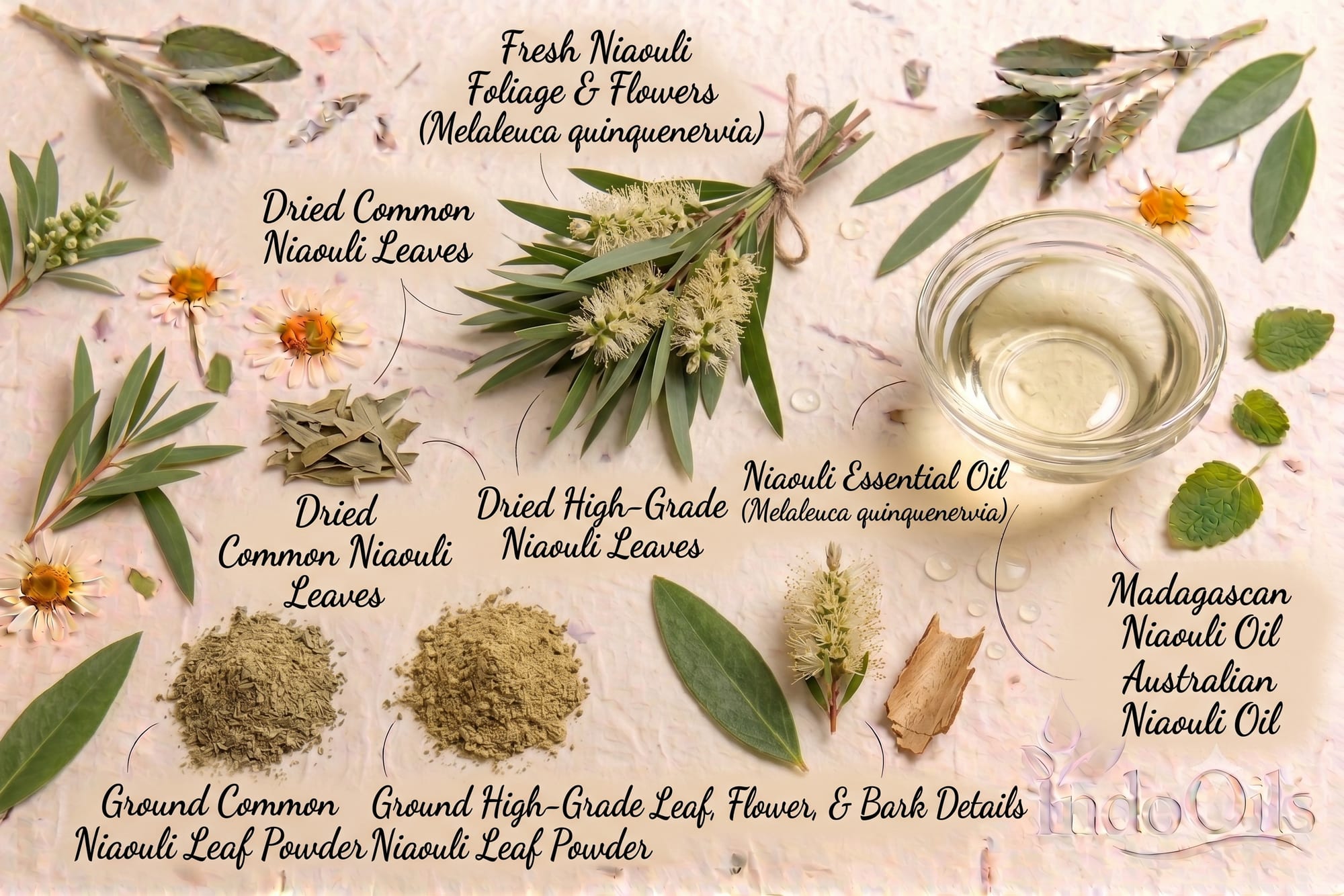 Niaouli essential oil with fresh foliage, flowers and leaves: another fresh, cineole-rich oil often bought alongside camphor oil