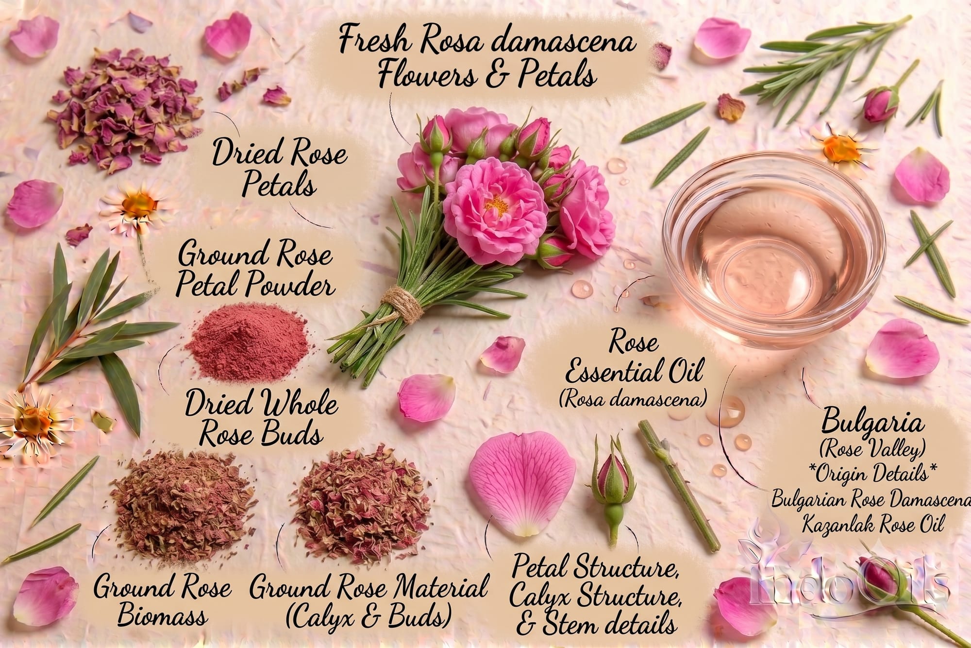 Bulgarian rose essential oil (Rosa damascena) with fresh and dried rose petals: rose and saffron are a classic pairing in fine fragrance
