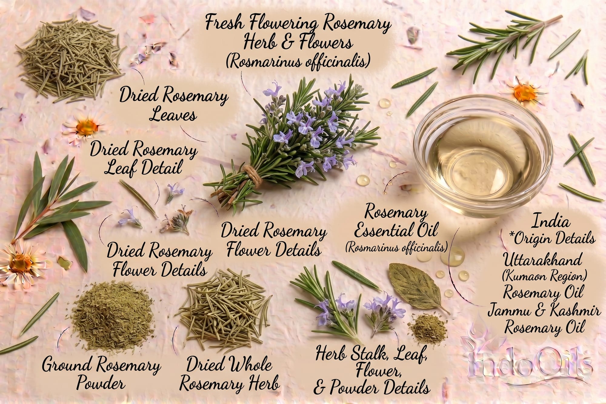 Rosemary herb, dried leaves and rosemary essential oil from India for hair care