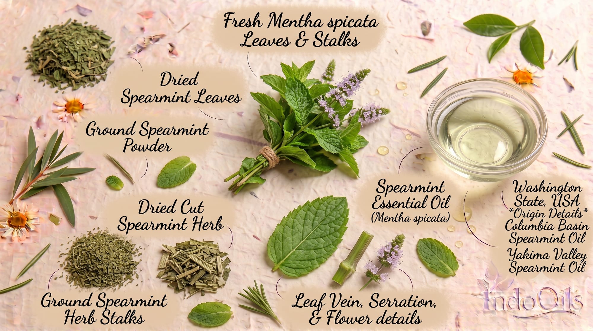 Spearmint (Mentha spicata) leaves, dried herb and spearmint essential oil